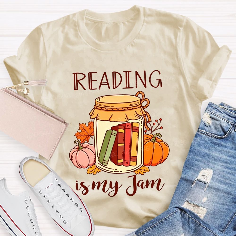 Reading Is My Jam Fall Pumpkin Jar With Books Teacher T-shirt