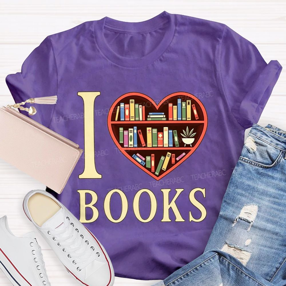 I Love Books Heart Bookshelf Teacher T-shirt