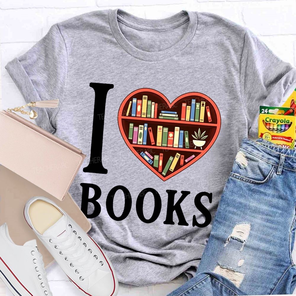 I Love Books Heart Bookshelf Teacher T-shirt
