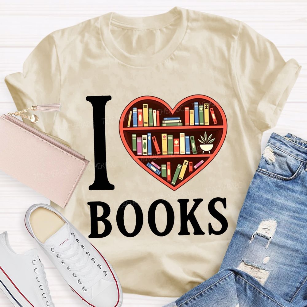 I Love Books Heart Bookshelf Teacher T-shirt