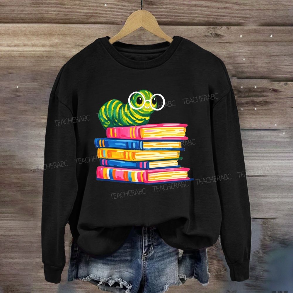 Bookworm Caterpillar With Glasses Stack Of Colorful Books Reading Sweatshirt