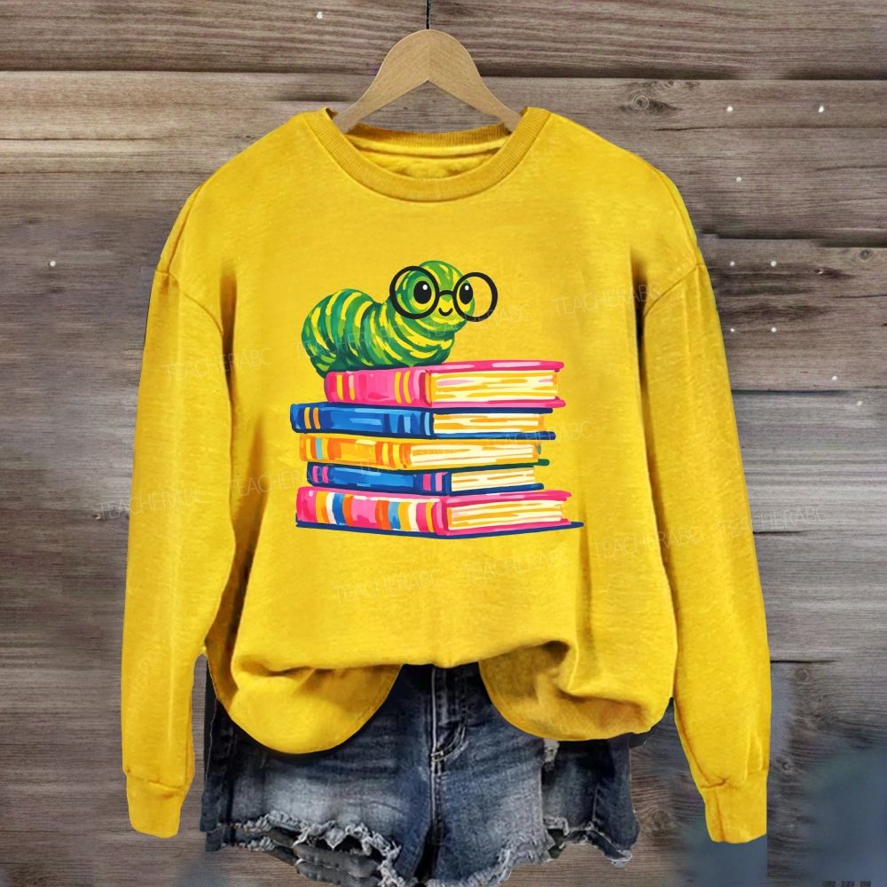 Bookworm Caterpillar With Glasses Stack Of Colorful Books Reading Sweatshirt