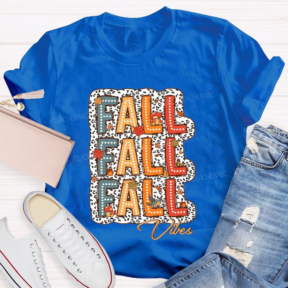 Fall Vibes Leopard Autumn Leaves Mushroom Bird Teacher T-shirt