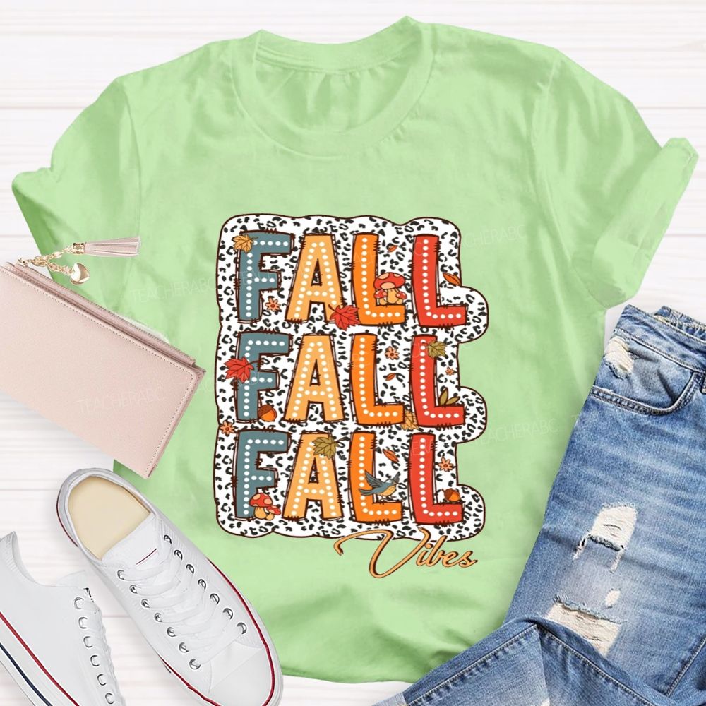 Fall Vibes Leopard Autumn Leaves Mushroom Bird Teacher T-shirt