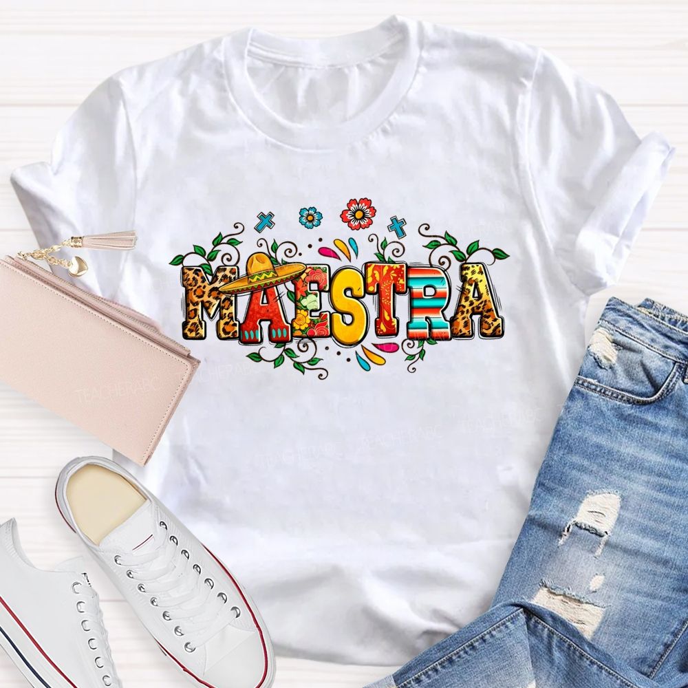 Maestra Sombrero Leopard Floral Teacher T-shirt
