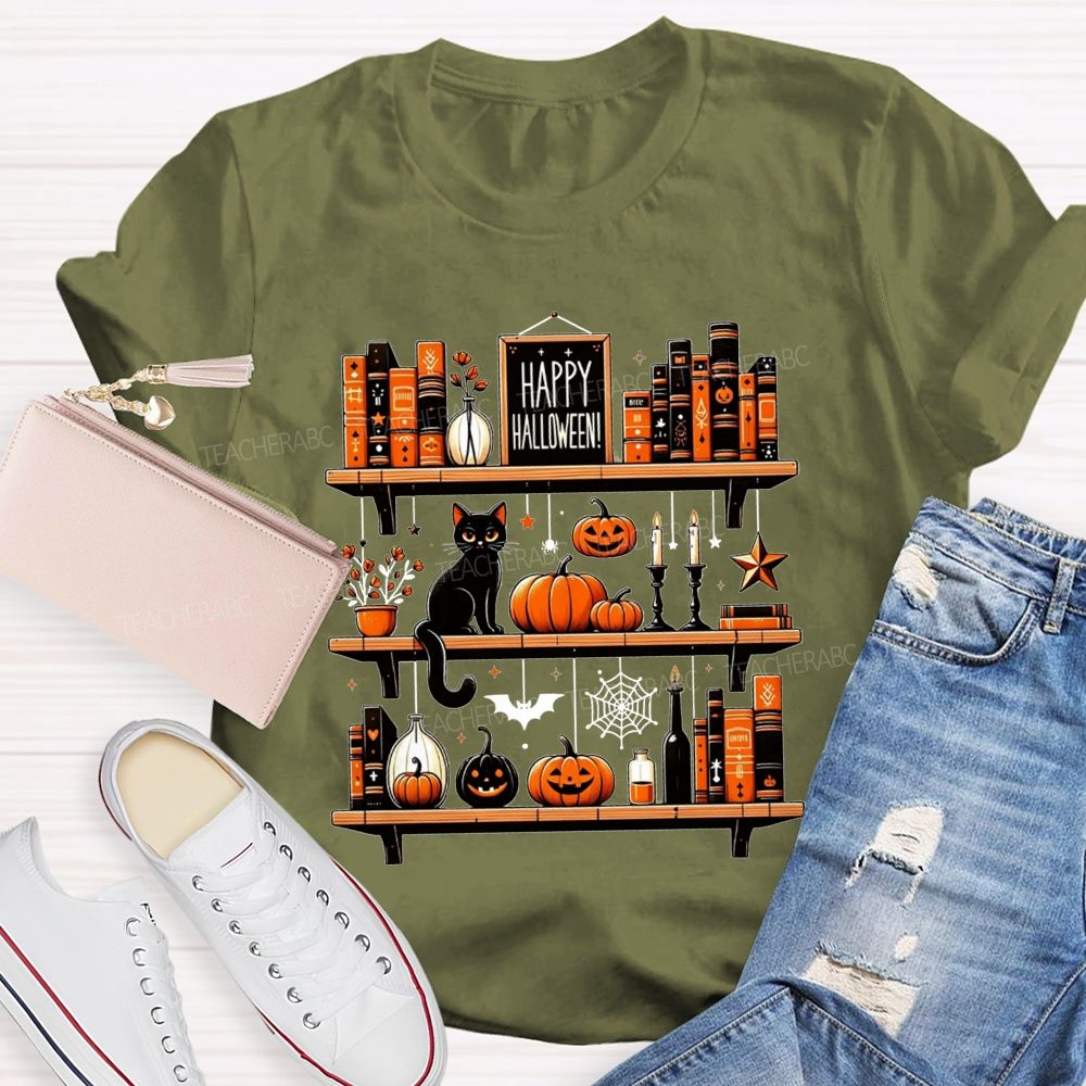 Happy Halloween Bookshelf Black Cat Pumpkin Librarian T-shirt
