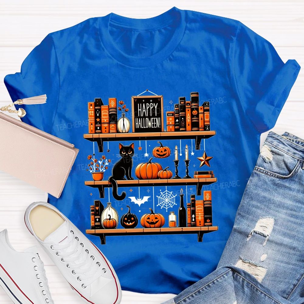 Happy Halloween Bookshelf Black Cat Pumpkin Librarian T-shirt