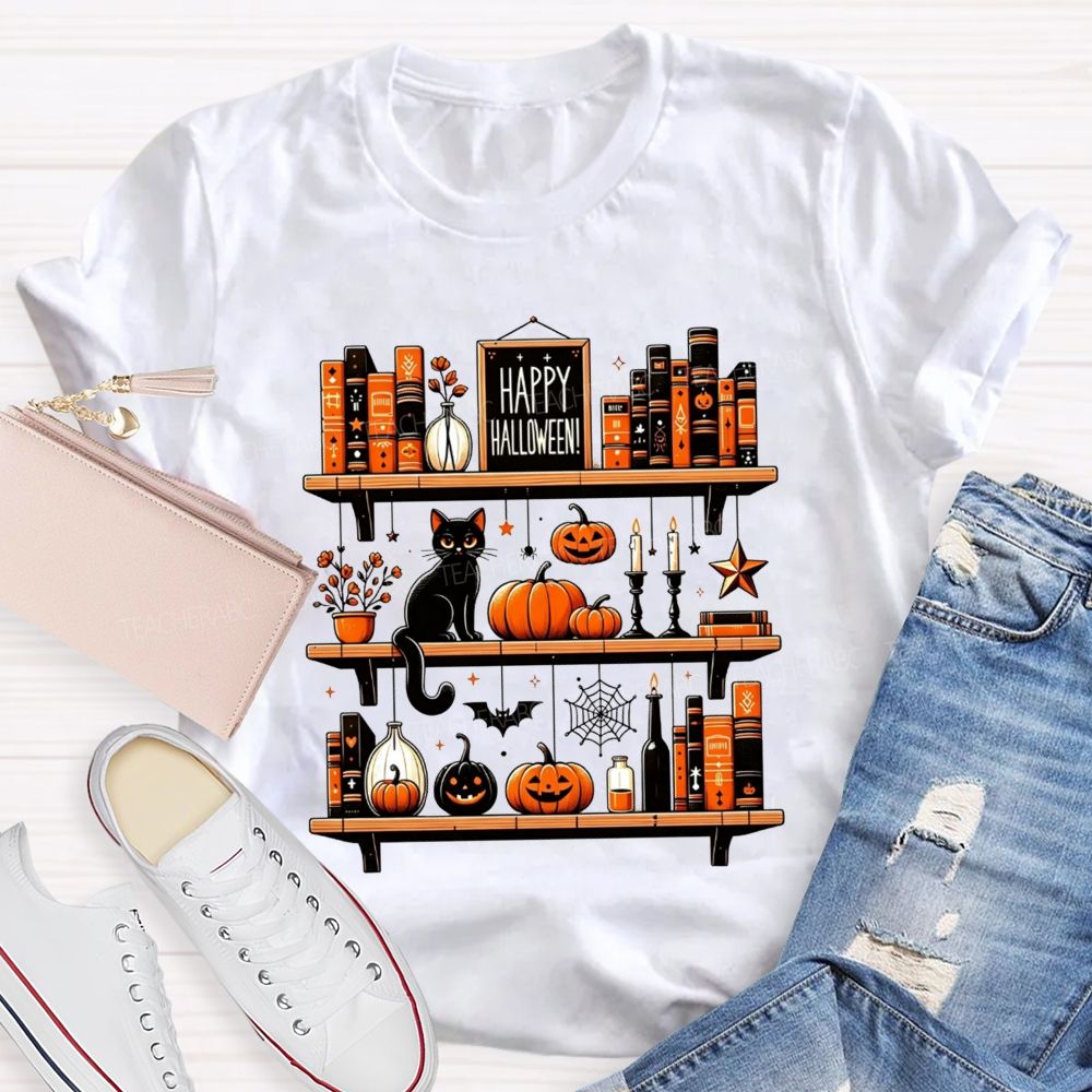 Happy Halloween Bookshelf Black Cat Pumpkin Librarian T-shirt