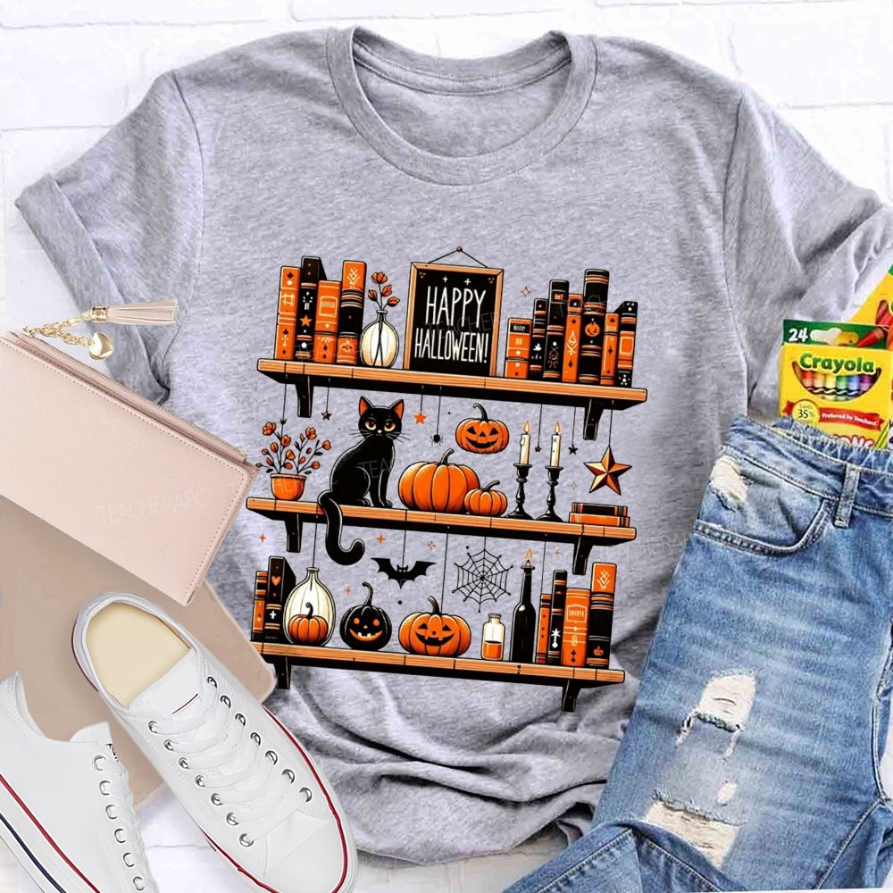 Happy Halloween Bookshelf Black Cat Pumpkin Librarian T-shirt