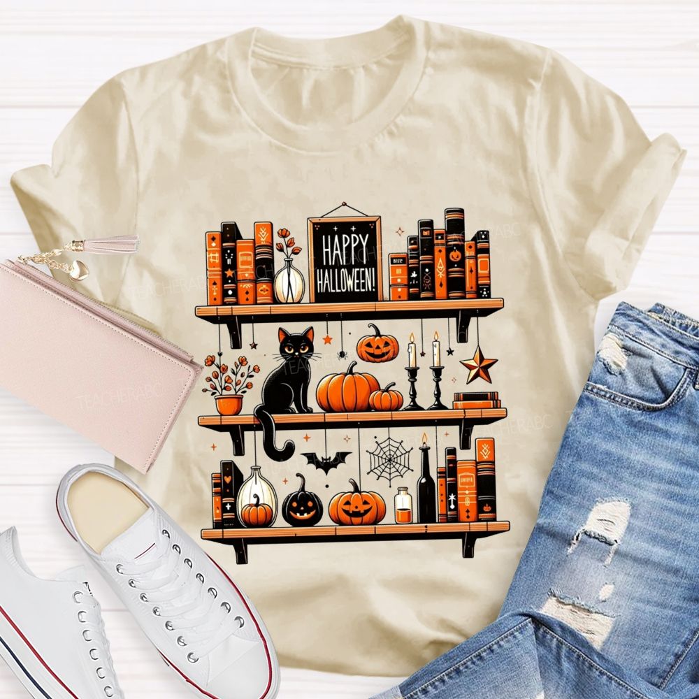 Happy Halloween Bookshelf Black Cat Pumpkin Librarian T-shirt