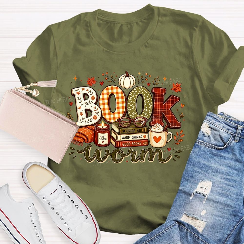 Bookworm Cozy Season Crisp Air Warm Drinks Good Books Teacher T-shirt