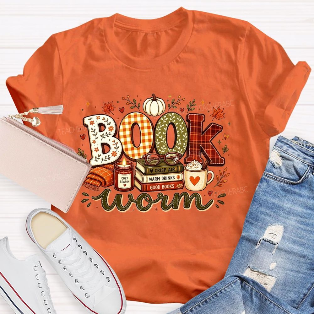 Bookworm Cozy Season Crisp Air Warm Drinks Good Books Teacher T-shirt