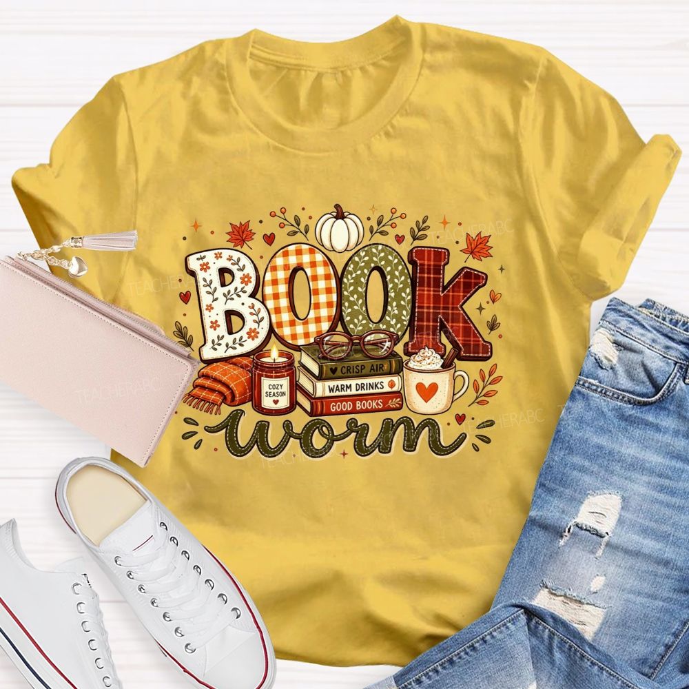 Bookworm Cozy Season Crisp Air Warm Drinks Good Books Teacher T-shirt