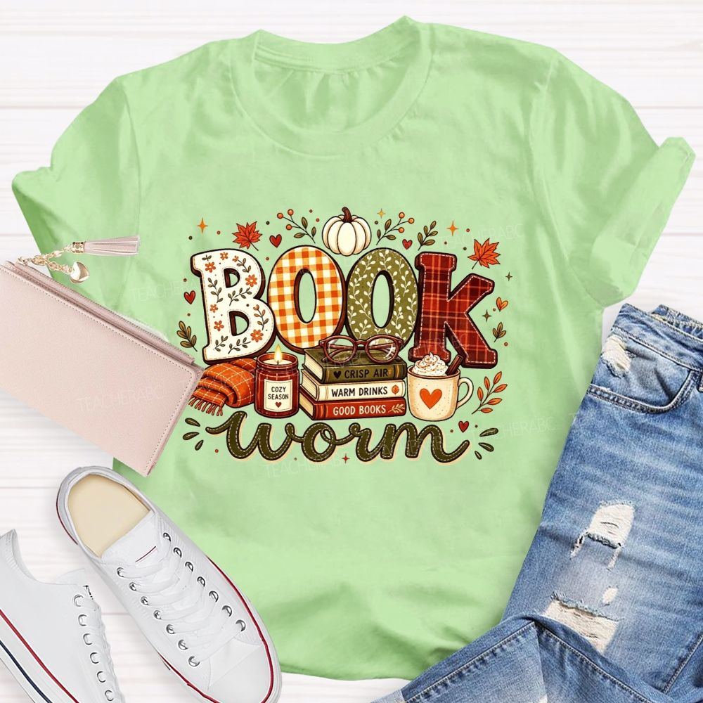 Bookworm Cozy Season Crisp Air Warm Drinks Good Books Teacher T-shirt