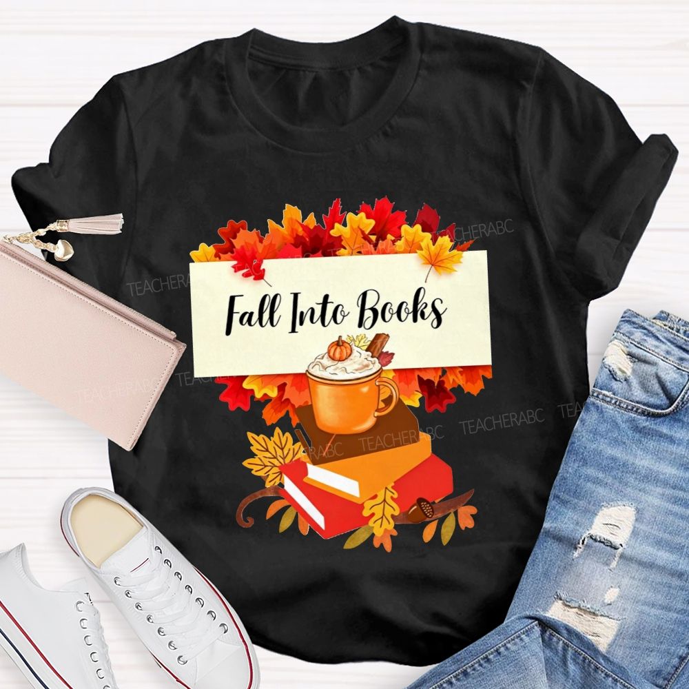 Fall Into Books Maple Leaf Pumpkin Latte Book Lover T-shirt