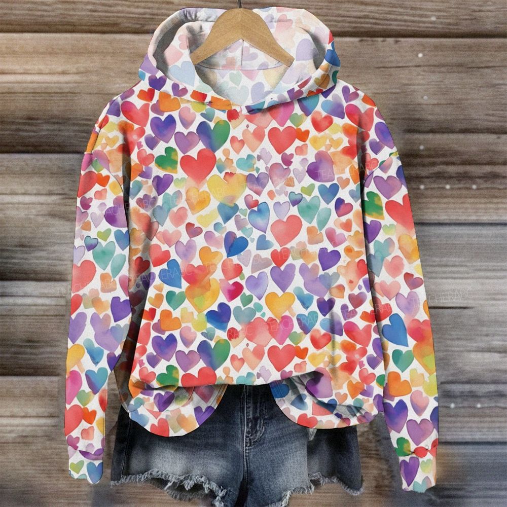 Multicolor Watercolor Hand-Painted Heart Pattern Hoodie