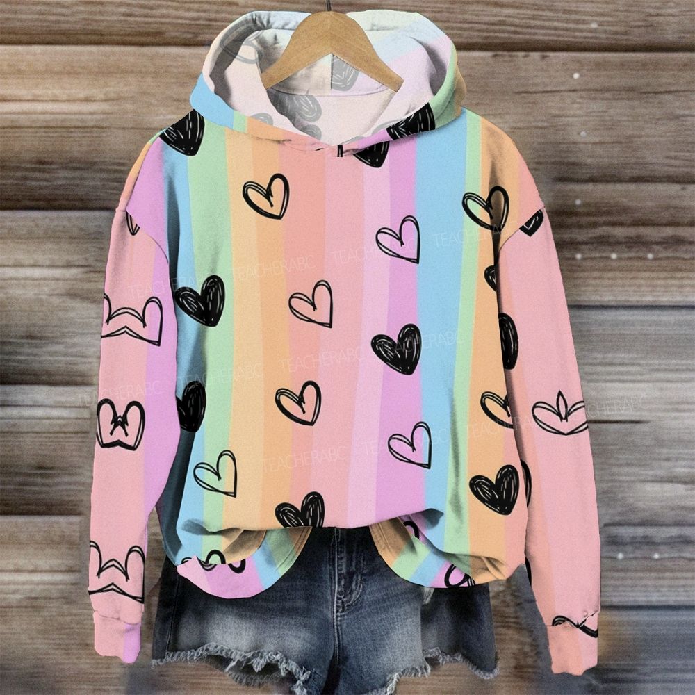 Rainbow Vertical Stripe Doodle Heart Print Hoodie