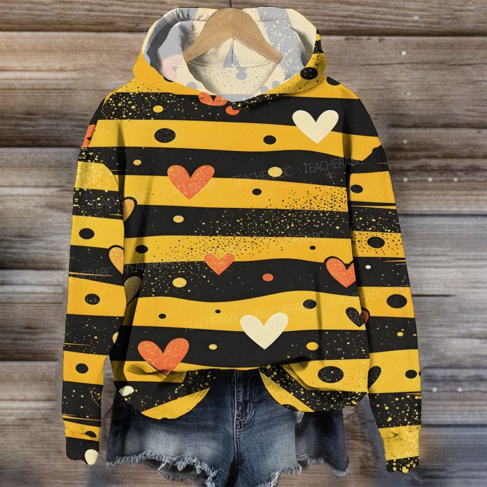 Bee Striped Heart Print Hoodie