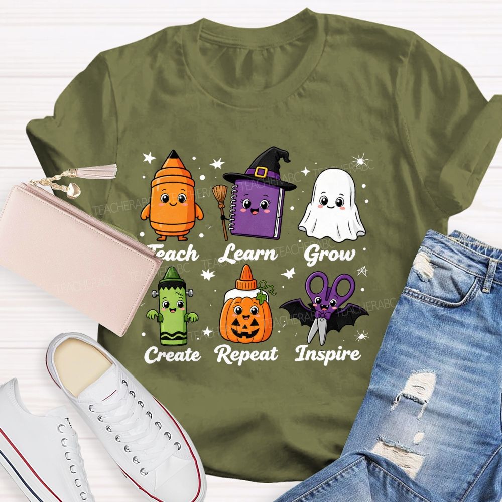 Teach Learn Grow Create Repeat Inspire Teacher Halloween T-shirt