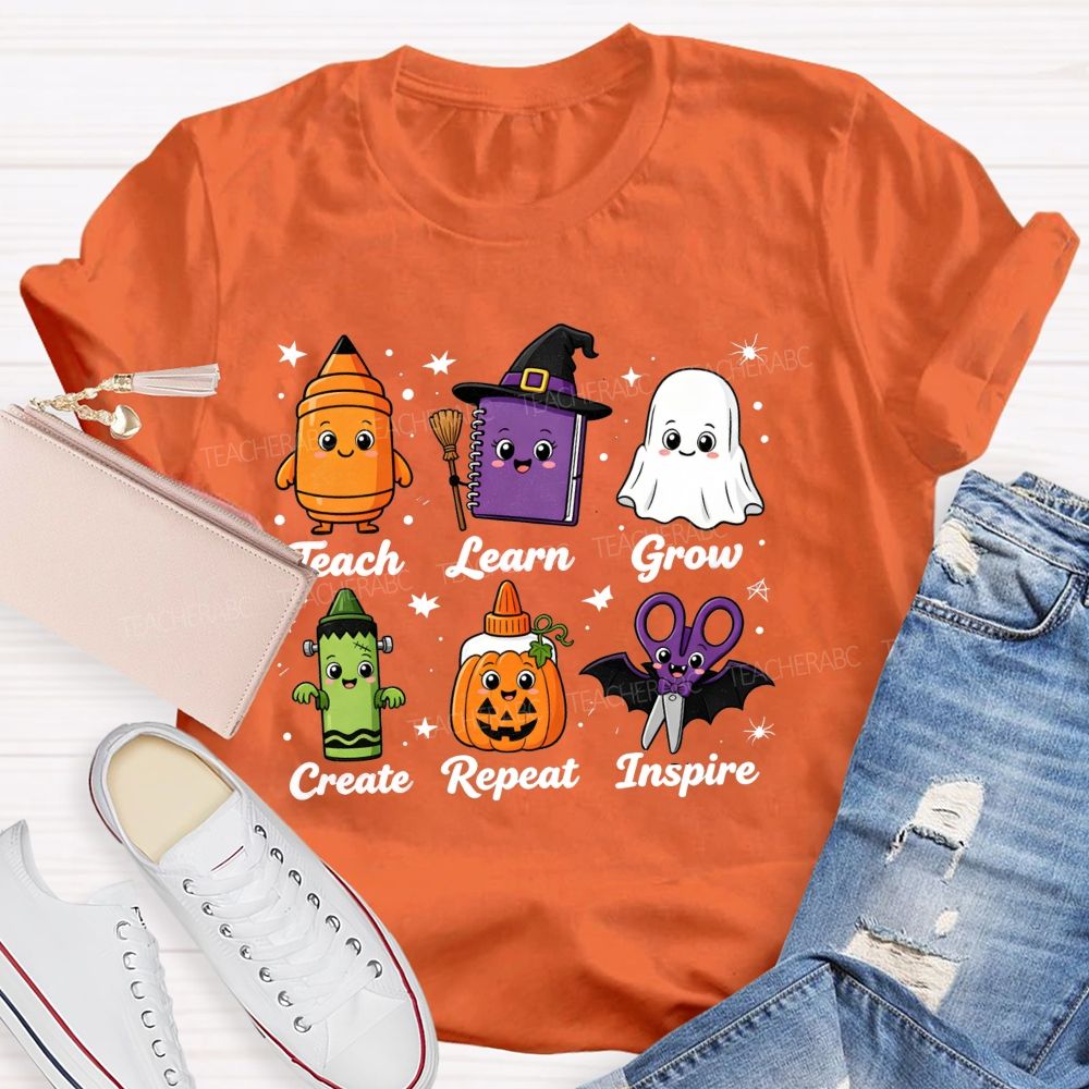Teach Learn Grow Create Repeat Inspire Teacher Halloween T-shirt