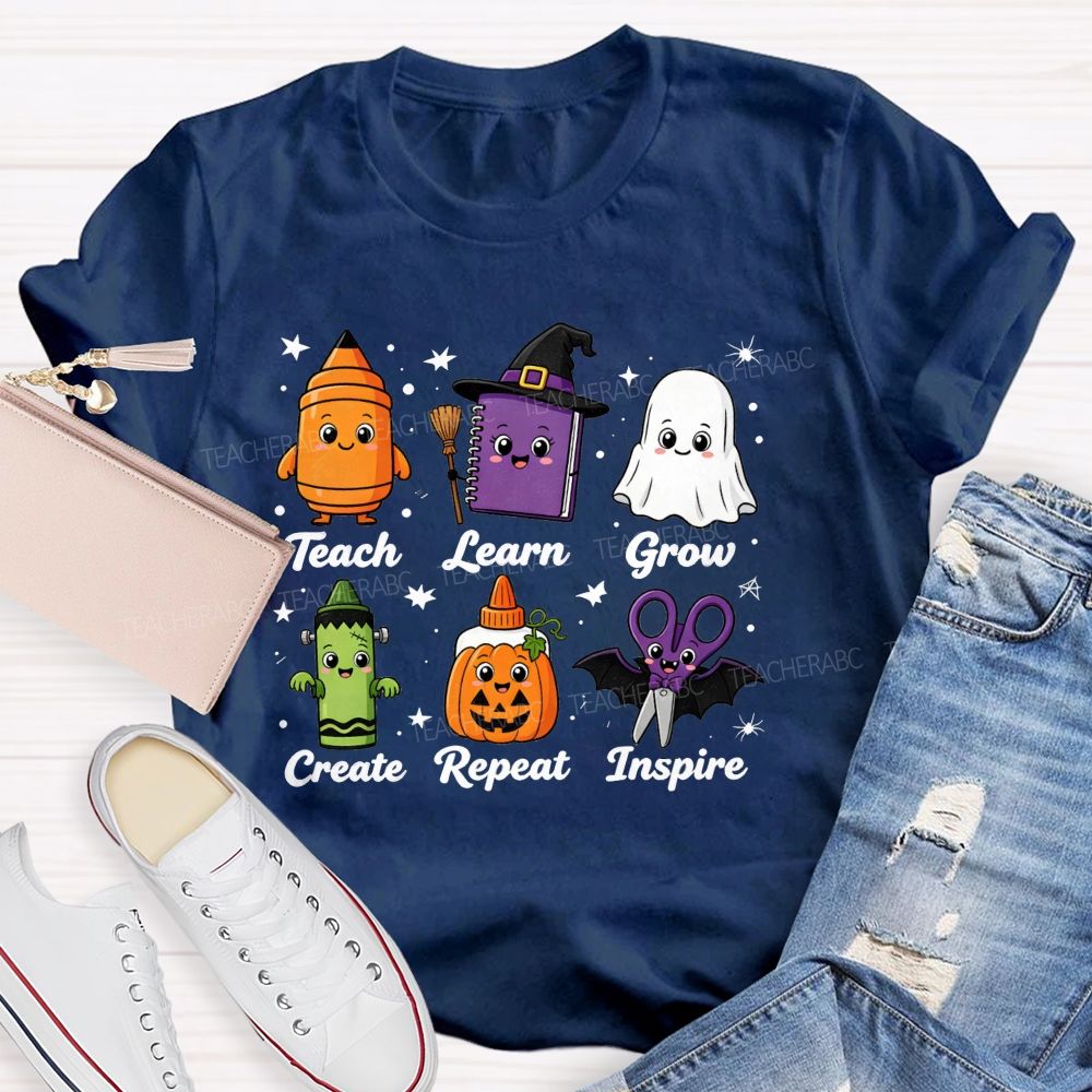 Teach Learn Grow Create Repeat Inspire Teacher Halloween T-shirt
