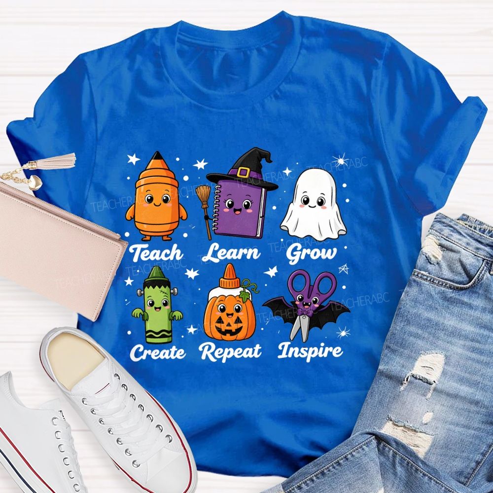 Teach Learn Grow Create Repeat Inspire Teacher Halloween T-shirt