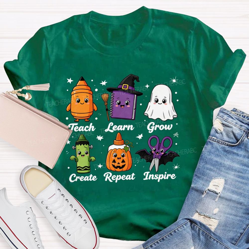 Teach Learn Grow Create Repeat Inspire Teacher Halloween T-shirt