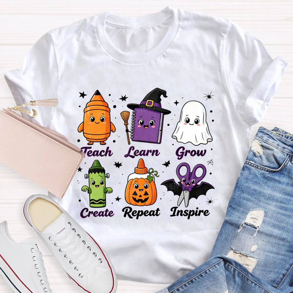 Teach Learn Grow Create Repeat Inspire Teacher Halloween T-shirt
