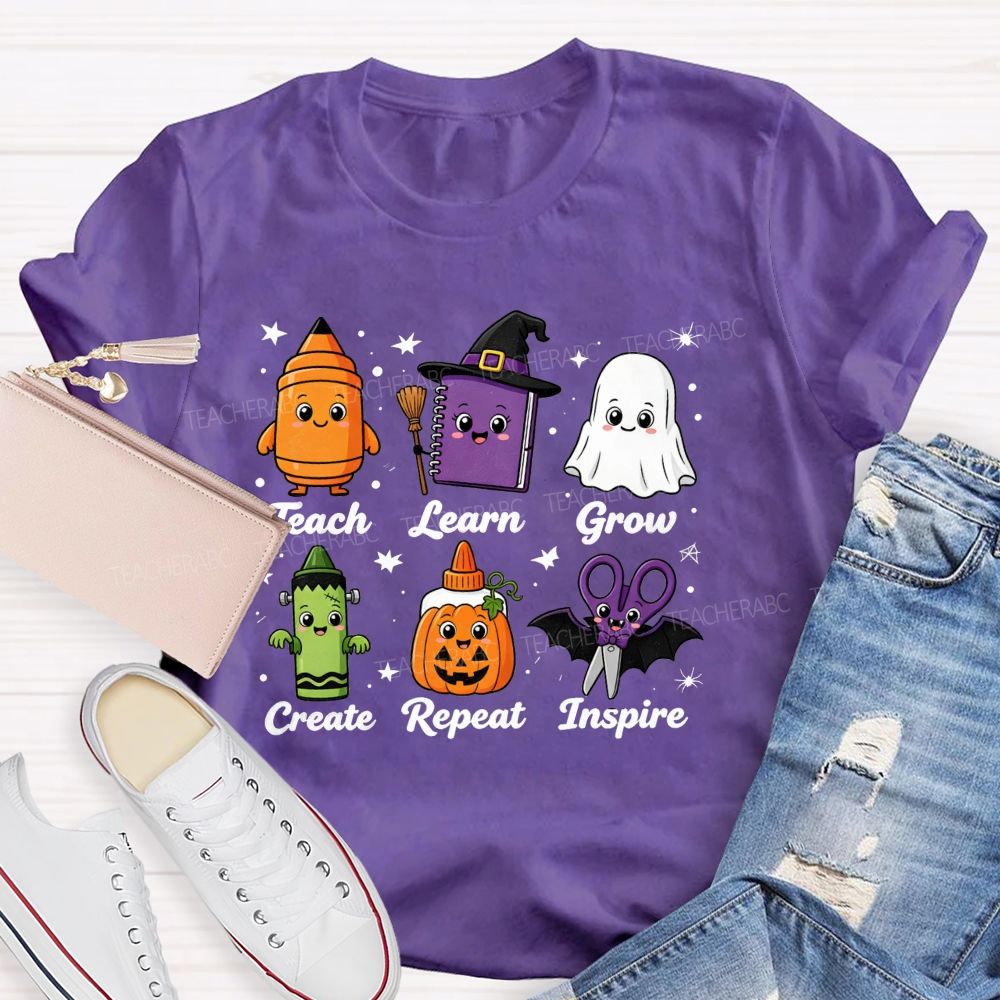 Teach Learn Grow Create Repeat Inspire Teacher Halloween T-shirt