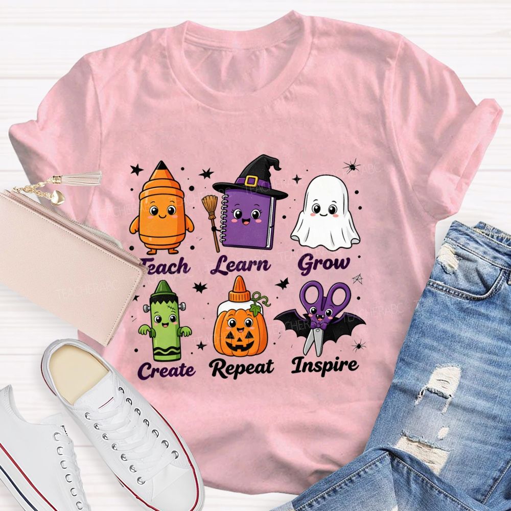 Teach Learn Grow Create Repeat Inspire Teacher Halloween T-shirt