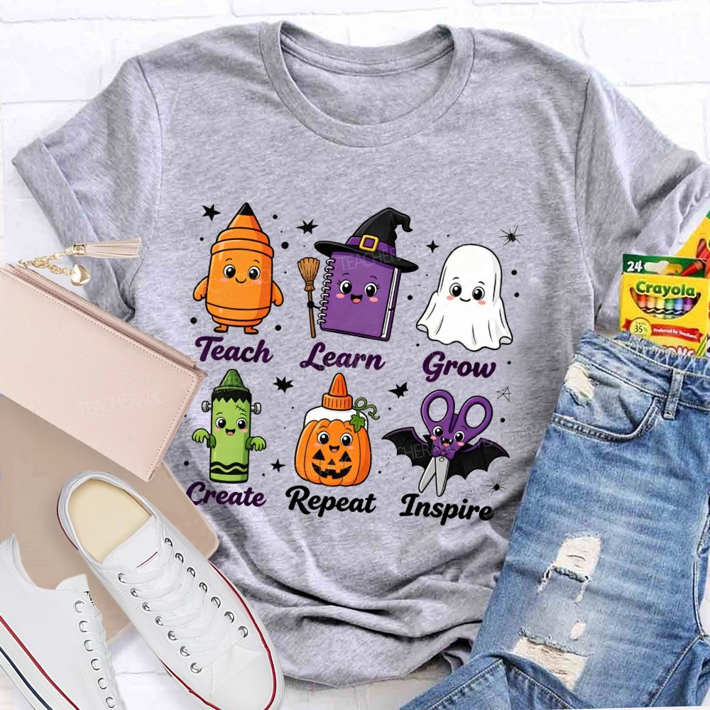 Teach Learn Grow Create Repeat Inspire Teacher Halloween T-shirt