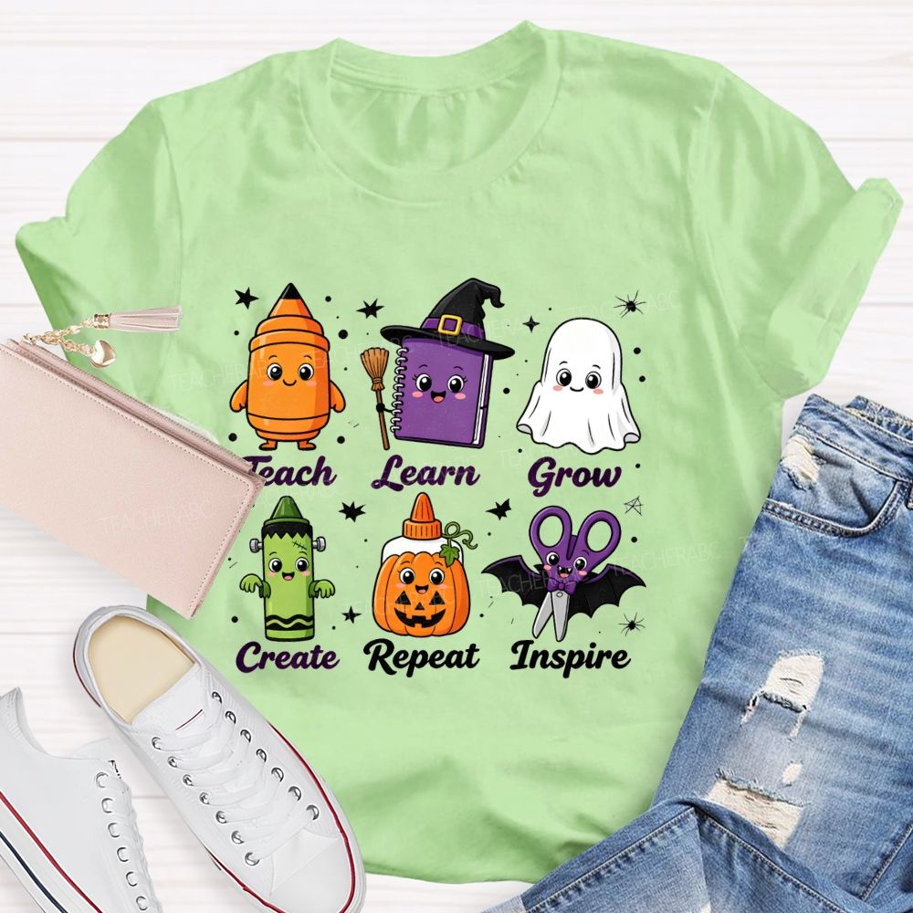 Teach Learn Grow Create Repeat Inspire Teacher Halloween T-shirt