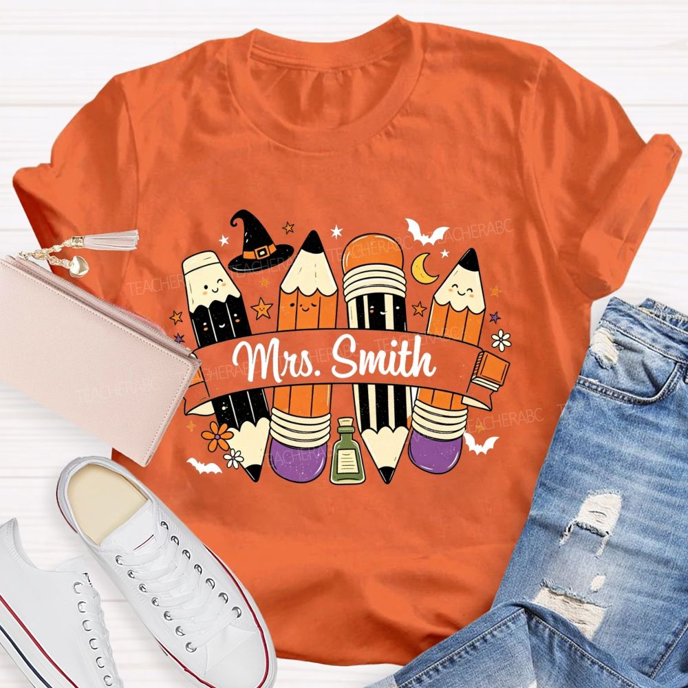 Personalized Name Spooky Pencils And Teacher Vibes T-shirt