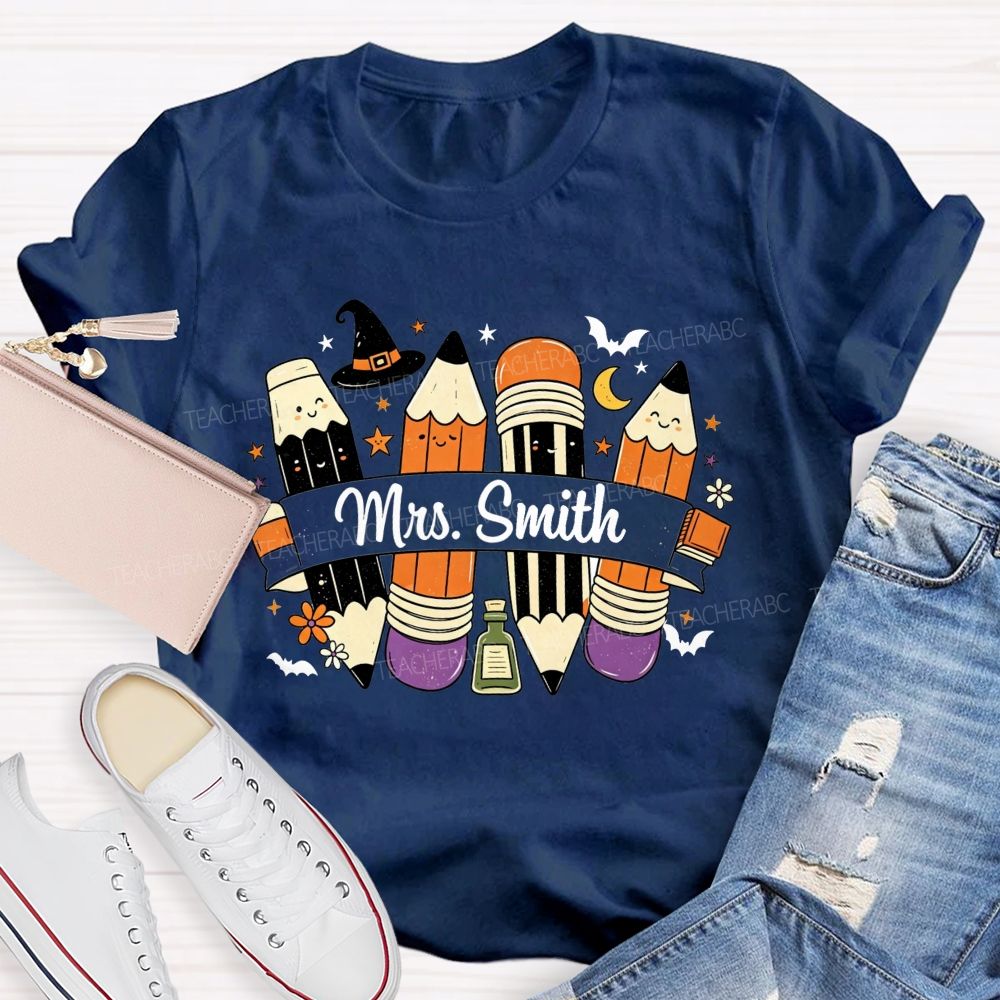 Personalized Name Spooky Pencils And Teacher Vibes T-shirt
