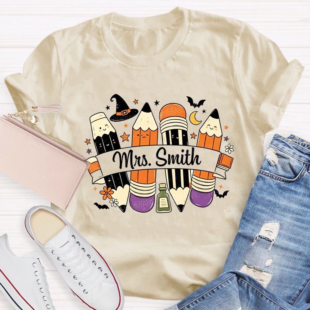Personalized Name Spooky Pencils And Teacher Vibes T-shirt