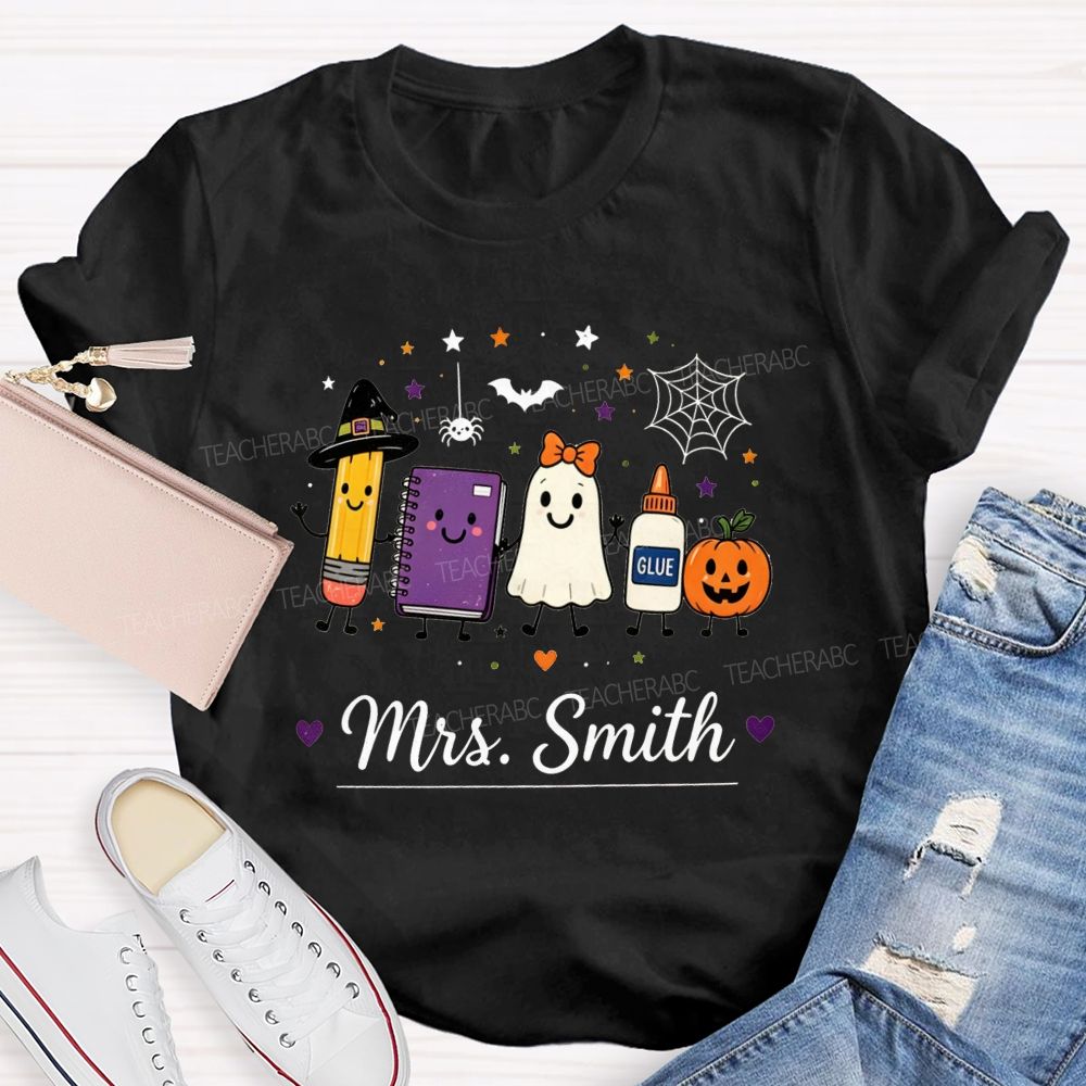Personalized Name Halloween Teacher Cartoon Teacher T-shirt