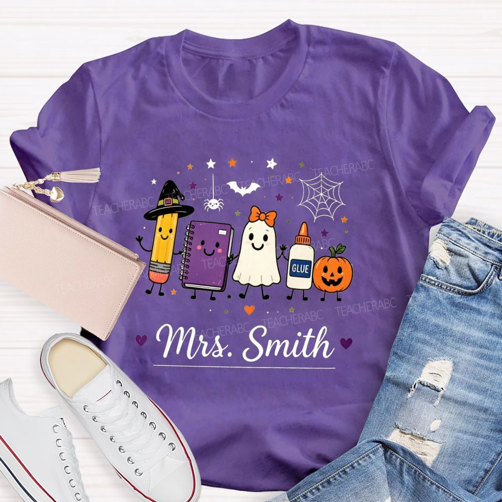 Personalized Name Halloween Teacher Cartoon Teacher T-shirt