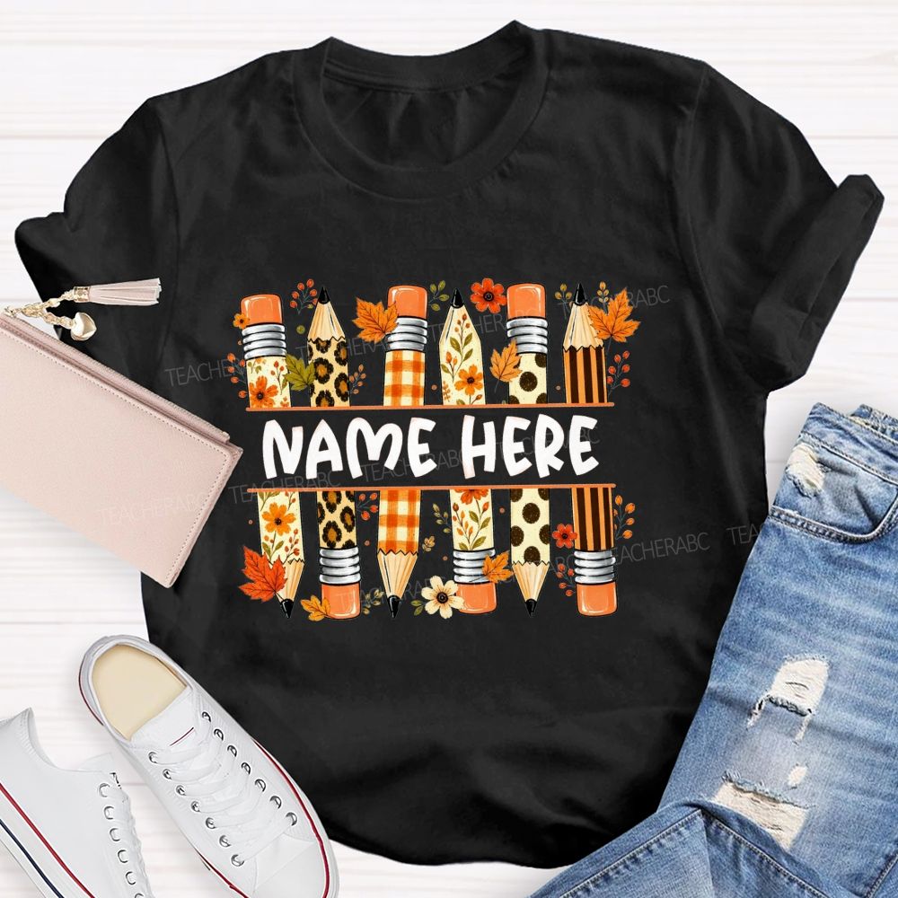 Personalized Name Leopard Plaid Floral Pencil Fall Teacher T-shirt