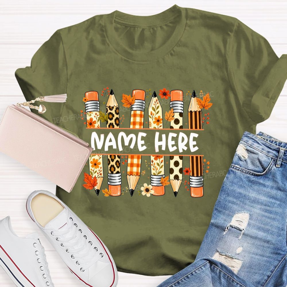 Personalized Name Leopard Plaid Floral Pencil Fall Teacher T-shirt