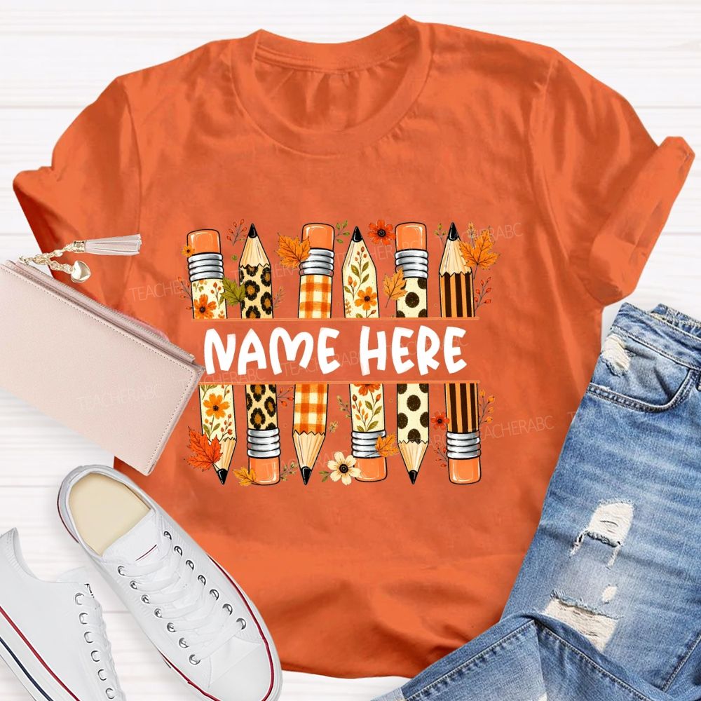 Personalized Name Leopard Plaid Floral Pencil Fall Teacher T-shirt