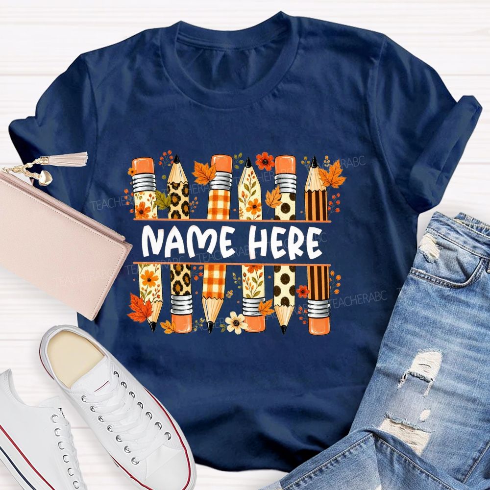 Personalized Name Leopard Plaid Floral Pencil Fall Teacher T-shirt