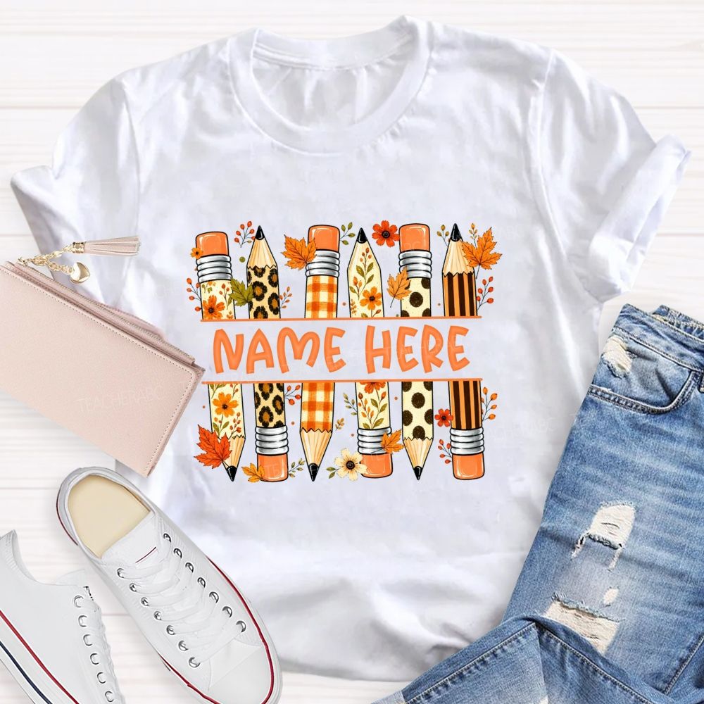 Personalized Name Leopard Plaid Floral Pencil Fall Teacher T-shirt
