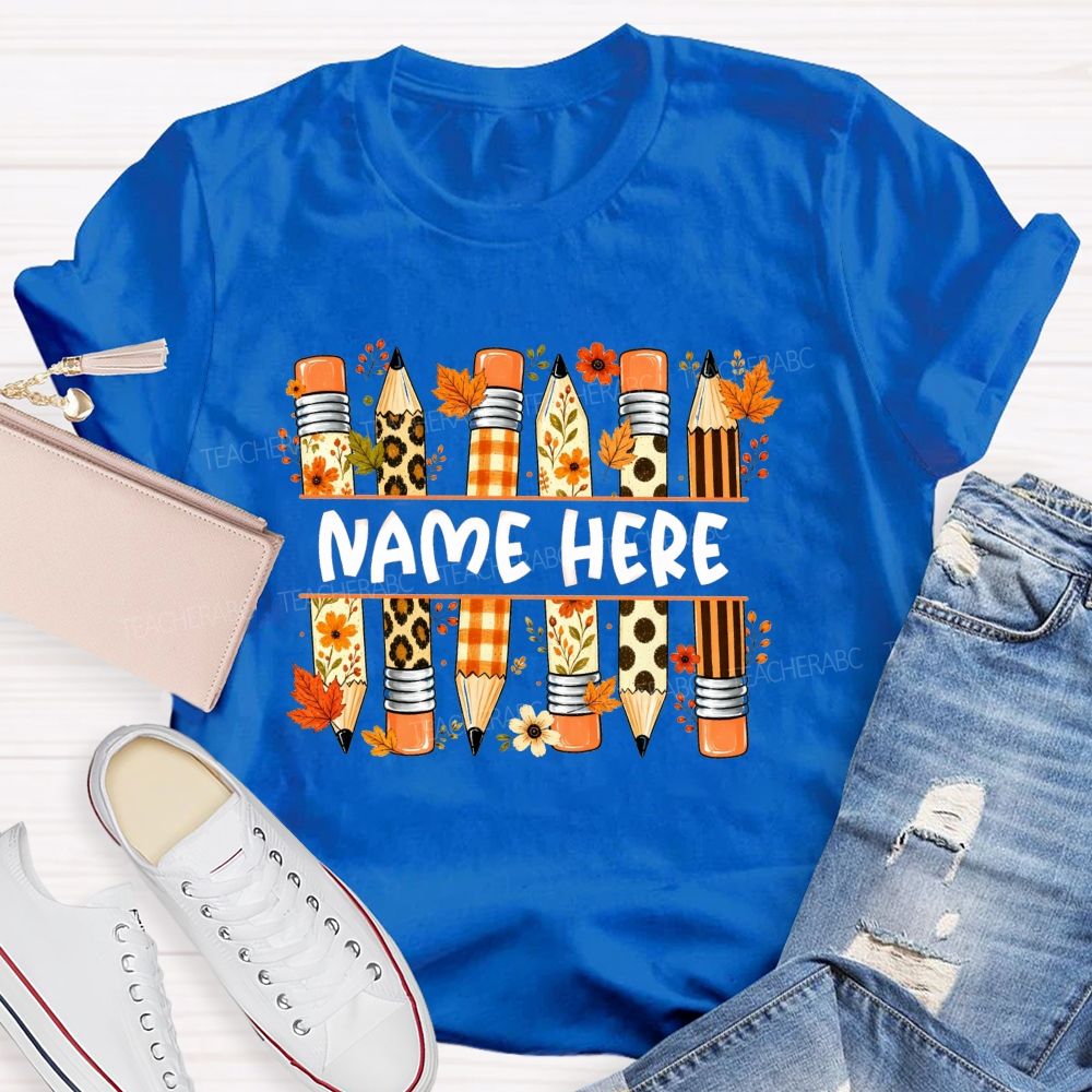 Personalized Name Leopard Plaid Floral Pencil Fall Teacher T-shirt