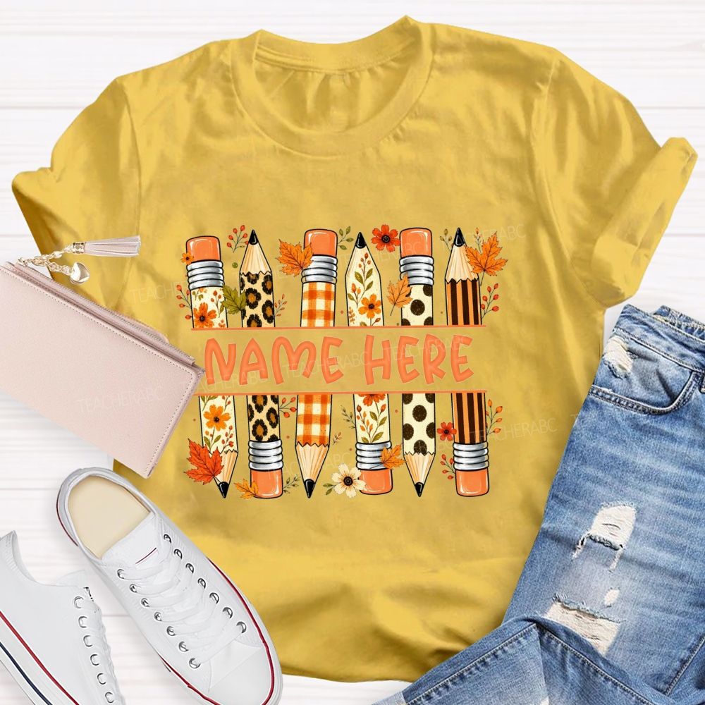 Personalized Name Leopard Plaid Floral Pencil Fall Teacher T-shirt