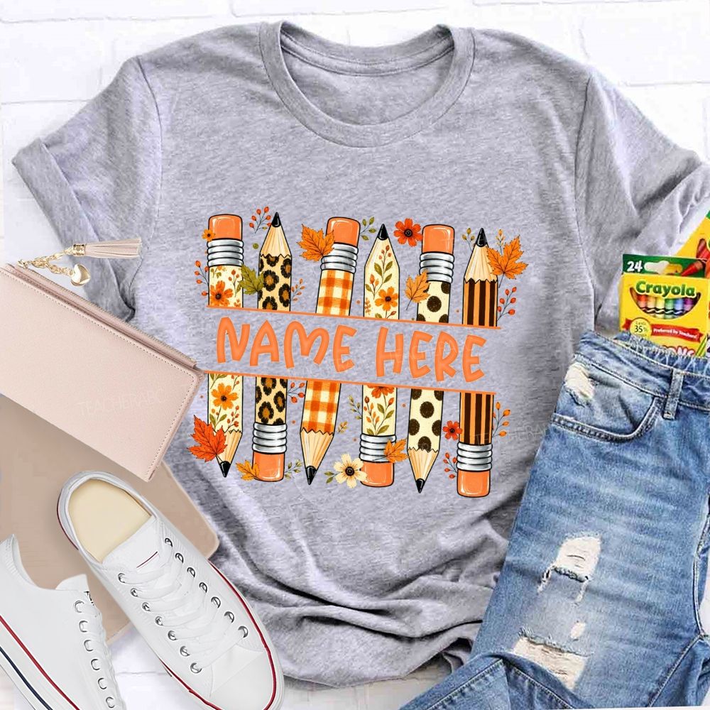 Personalized Name Leopard Plaid Floral Pencil Fall Teacher T-shirt