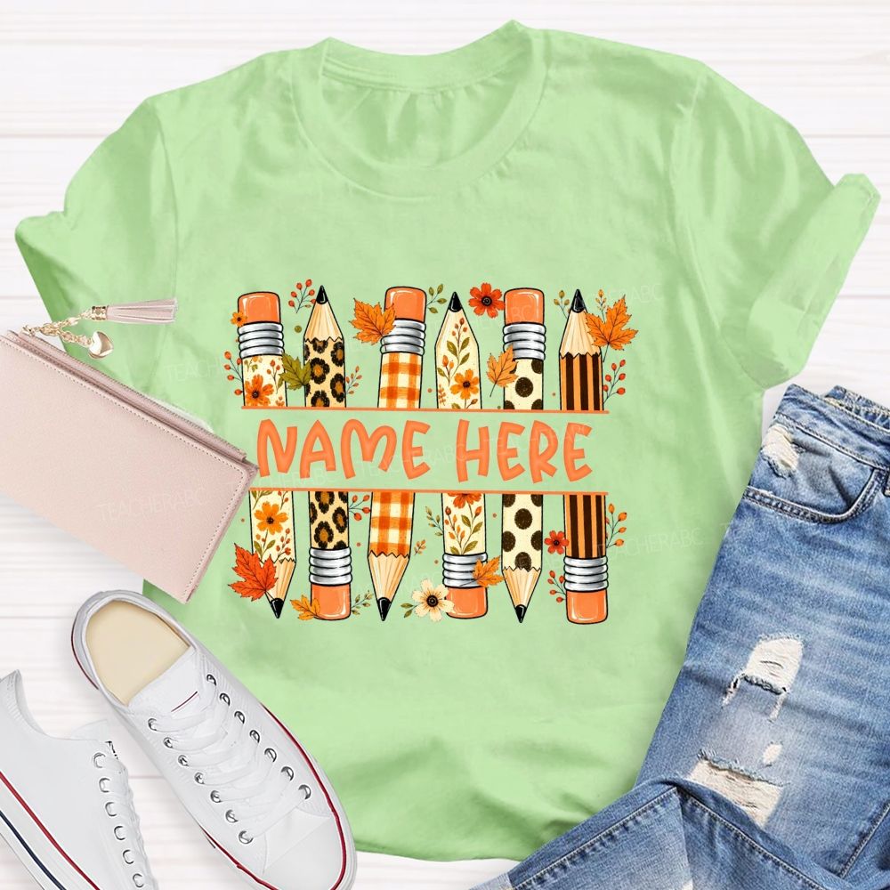 Personalized Name Leopard Plaid Floral Pencil Fall Teacher T-shirt