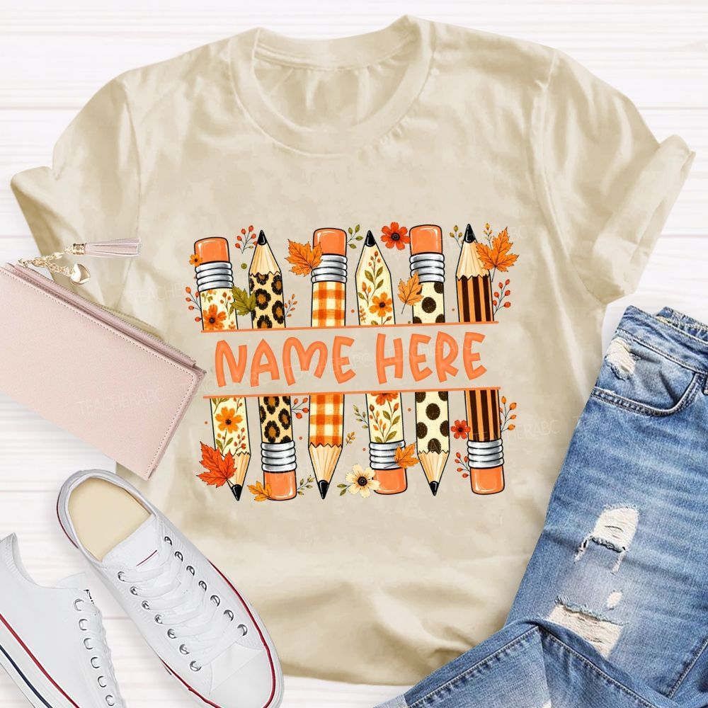 Personalized Name Leopard Plaid Floral Pencil Fall Teacher T-shirt