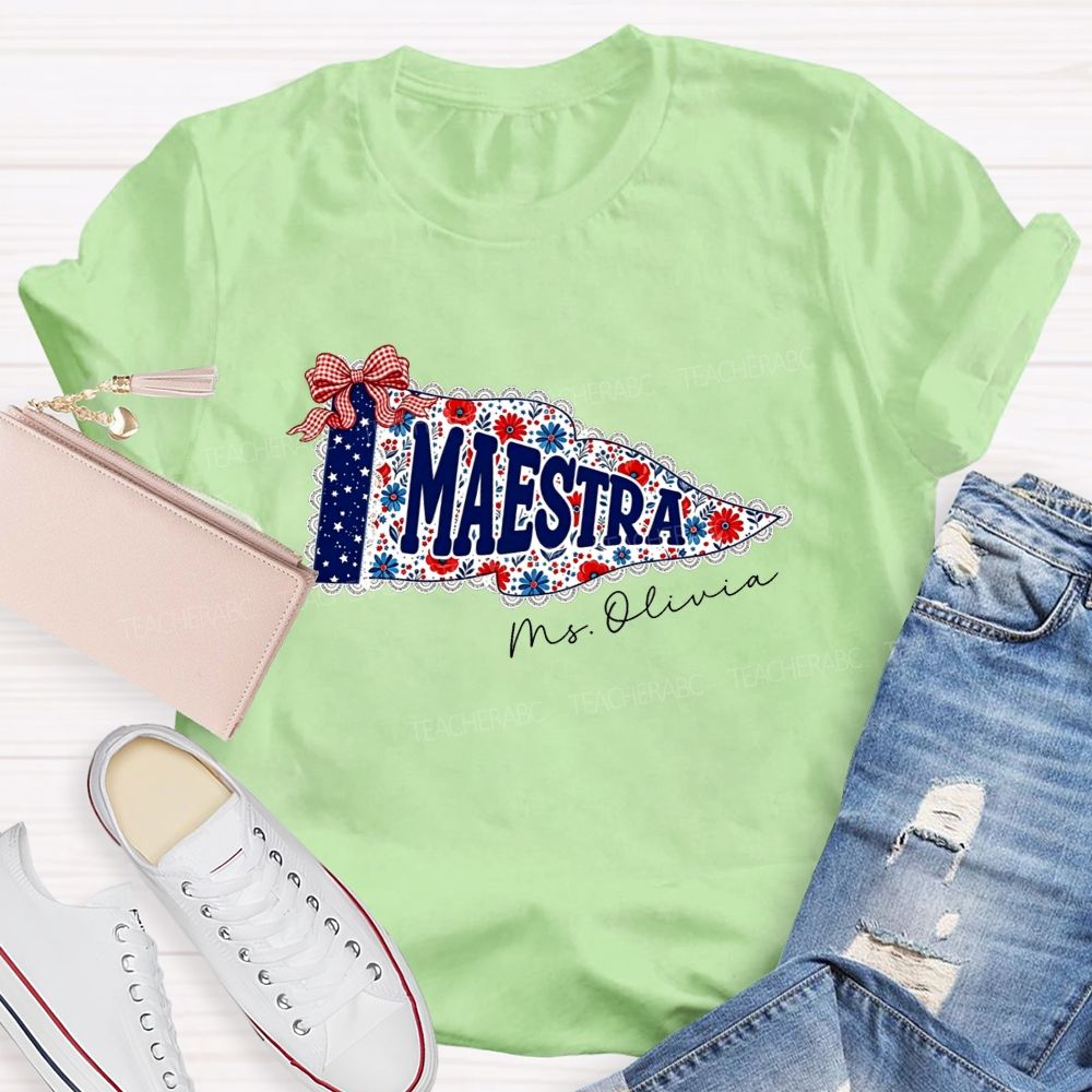 Personalized Name Maestra Floral Pennant Spanish Female Teacher T-shirt