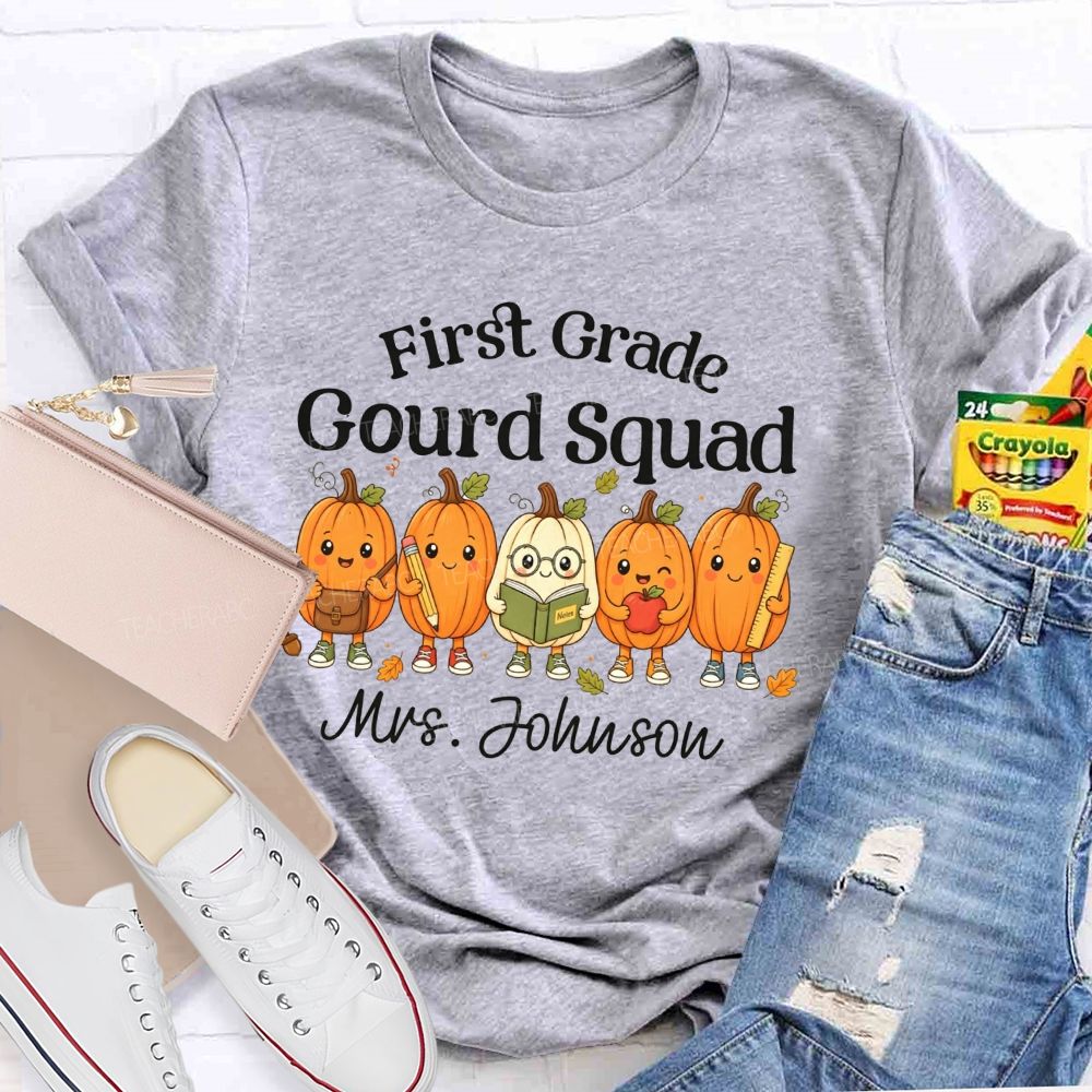 Personalized Name And Grade Gourd Squad Fall Pumpkin Teacher T-shirt