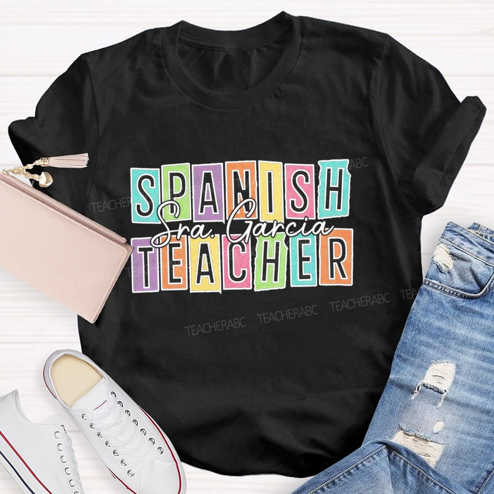 Personalized Name Spanish Teacher Color Block Letter Teacher T-shirt